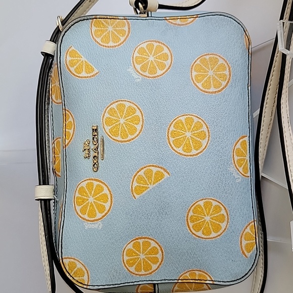 COACH BLUE CAMERA CROSSBODY BAG WITH ORANGES ALL OVER - Picture 2 of 11